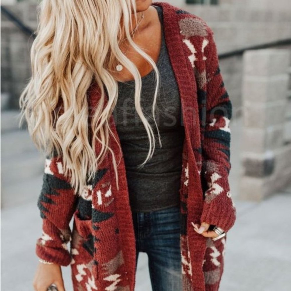 New Aztec Native Print Boho Blanket Cardigan Sweater - Picture 2 of 7